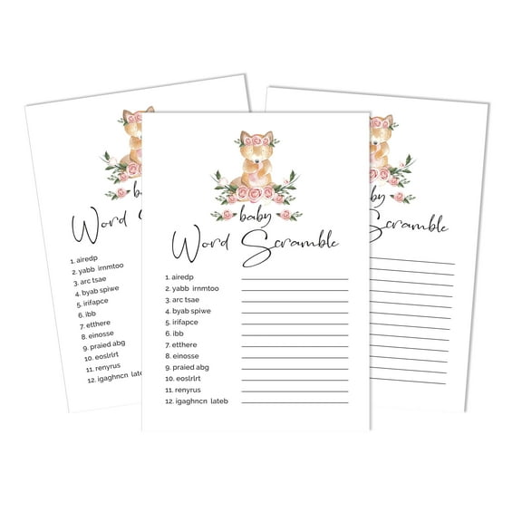 Inkdotpot 50-PackBaby WordScrambleBaby ShowerGame Cards Gender Neutral Fox Animal Party Supplies-Fun Baby Shower Game Favors