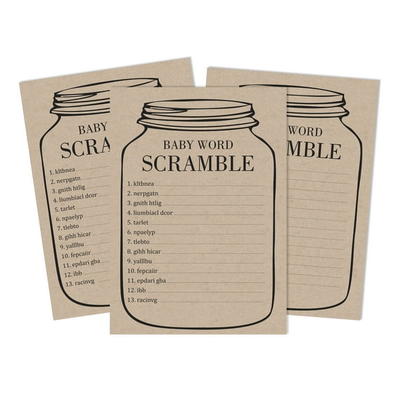 Inkdotpot 50-PackBaby WordScrambleBaby ShowerGame Cards Mason Jar Gender Neutral Rustic Kraft Party Supplies-Fun Baby Shower Game Favors