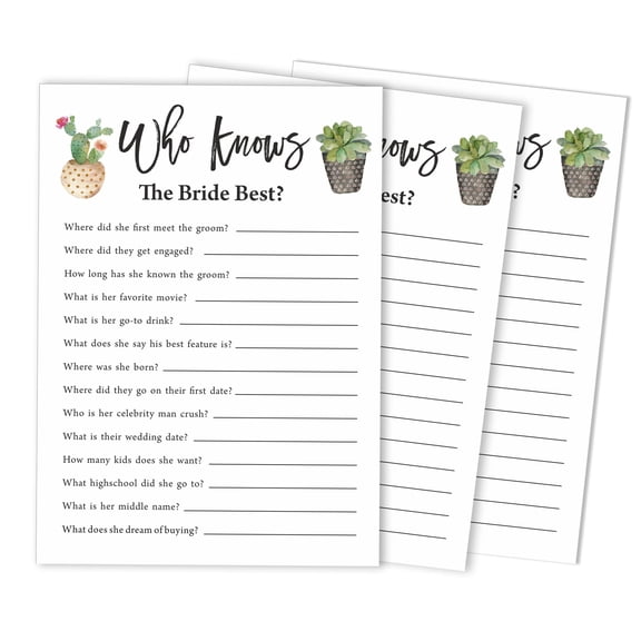 Inkdotpot 50-PackCactus Taco'bout loveWho Know The Bride Best How Well Do You Know The Bride Bridal Shower Bachelorette PartyGameActivityCards