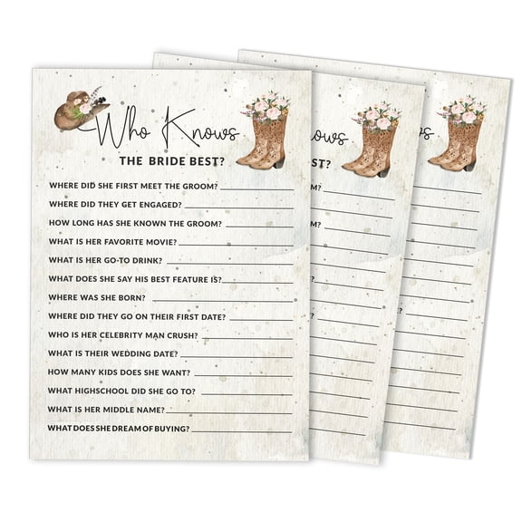 Inkdotpot 50-PackCowgirlWho Know The Bride Best How Well Do You Know The Bride Bridal Shower Bachelorette PartyGameActivityCards