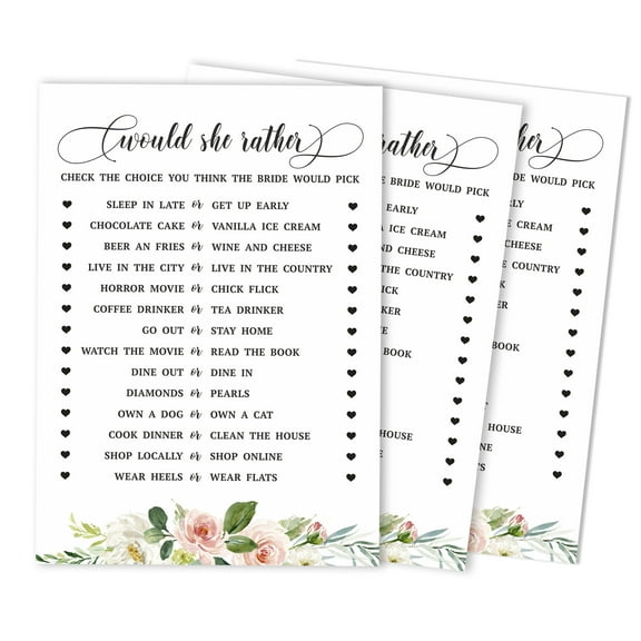 Inkdotpot 50-PackFloral Brunch & BubblyWould She Rather Bridal Wedding ShowerGame Funny Rehearsal Dinner GuessingGameBridal Shower PartyGameIdeas