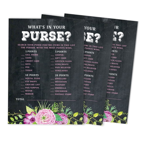 Inkdotpot 50-PackFloral Tea PartyWhats In Your Purse Bridal ShowerGameWedding Shower Bachelorette Party Bulk ActivityGameCards