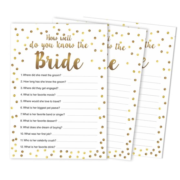 Inkdotpot 50-PackGold ConfettiHow Well Do You Know The Bride Bridal Shower Bachelorette PartyGameWho Know The Bride Best ActivityCards