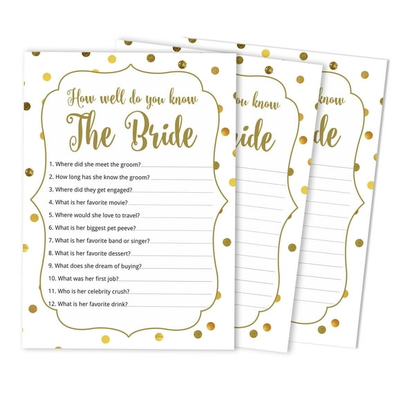 Inkdotpot 50-PackGold ConfettiWho Know The Bride Best How Well Do You Know The Bride Bridal Shower Bachelorette PartyGameActivityCards