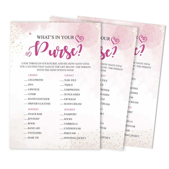 Inkdotpot 50-PackWatercolor SplashWhats In Your Purse Bridal ShowerGameWedding Shower Bachelorette Party Bulk ActivityGameCards