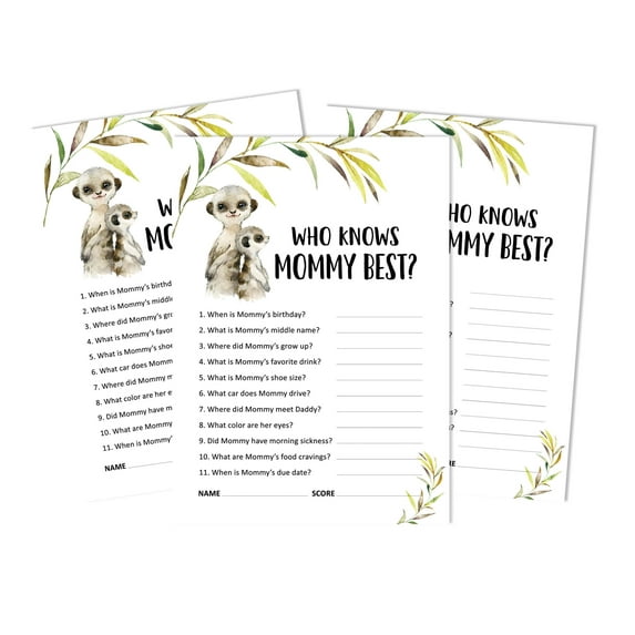 Inkdotpot 50 PackWho Knows Mommy BestBaby Shower GameCards Meerkat Baby Gender Neutral FunActivity Cards