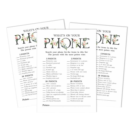 Inkdotpot 50 Sheets What's In Your Phone Baby Shower Game Cards Activity Cards Party Idea Gender Neutral Baby Shower Party Supply