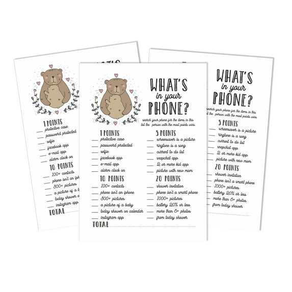 Inkdotpot 50 Sheets What'sIn Your PhoneBaby Shower GameCards Gender Neutral Activity CardsPartyIdea Bear Animal Baby Shower Party Supply