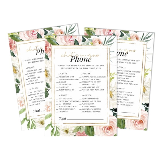 Inkdotpot 50 Sheets What'sIn Your PhoneBaby Shower GameCards Gender Neutral Activity CardsPartyIdea Floral Baby Shower Party Supply