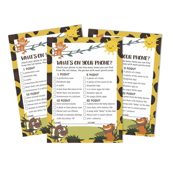 Inkdotpot 50 Sheets What'sIn Your PhoneBaby Shower GameCards Gender Neutral Activity CardsPartyIdea Jungle Animals Baby Shower Party Supply