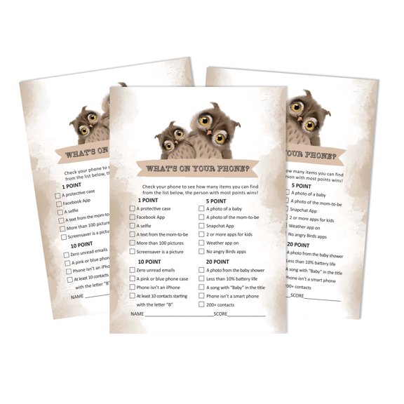 Inkdotpot 50 Sheets What'sIn Your PhoneBaby Shower GameCards Owl Bird Activity CardsPartyIdea Baby Shower Party Supply