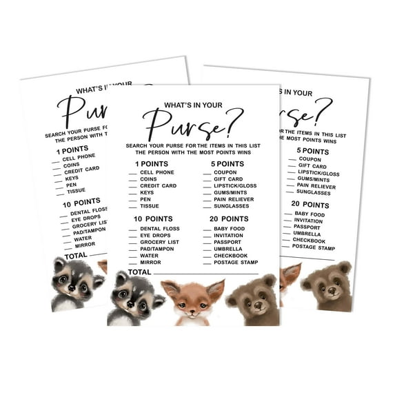 Inkdotpot 50 Sheets What'sIn Your PurseBaby Shower GameCards Hedgehog,Fox And Bear Jungle Animals Activity CardsPartyIdea Baby Shower Party Supply