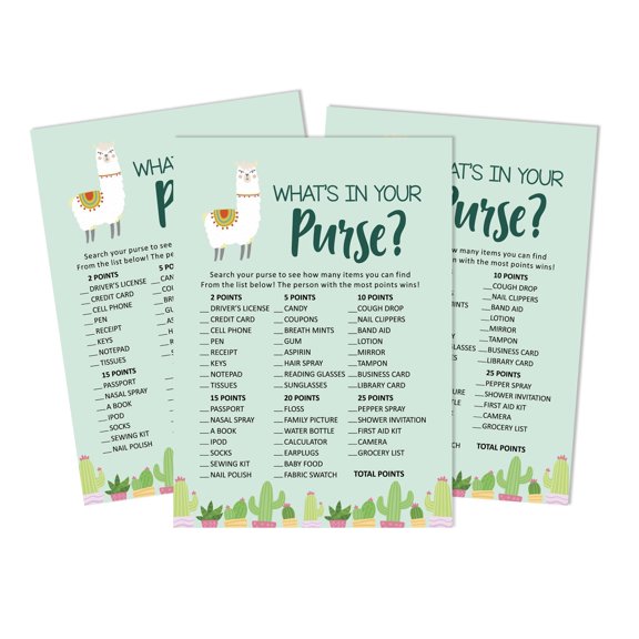 Inkdotpot 50 Sheets What'sIn Your PurseBaby Shower GameCards Llama Gender Neutral Activity CardsPartyIdea Baby Shower Party Supply