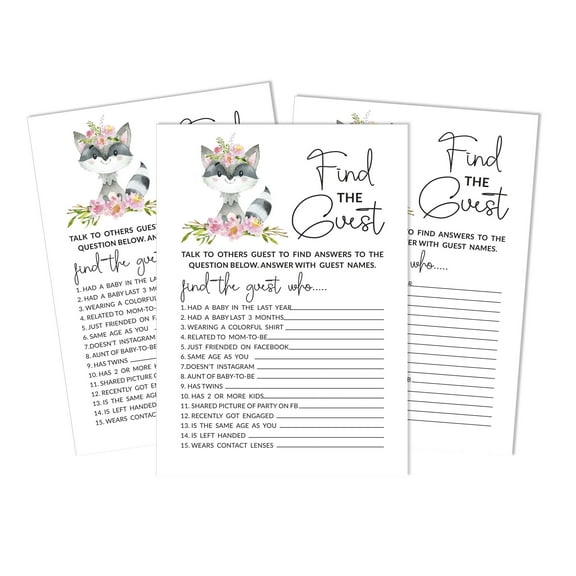 Inkdotpot 50Find The GuestBaby Shower Game Party Supply Gender Neutral Floral Raccoon Icebreaker Party Game