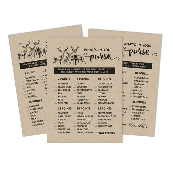 Inkdotpot 50What'sIn Your PurseBaby Shower GameCards Let The Adventure Begin Activity CardsPartyIdea Deer Animal Baby Shower Rustic Kraft Party Supply