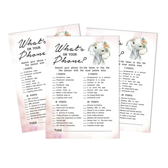 Inkdotpot 50What'sIn Your PhoneBaby Shower GameCards Baby Elephant Girl Jungle Animals Activity CardsPartyIdea Baby Shower Party Supply