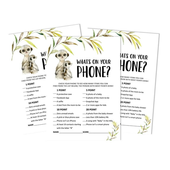 Inkdotpot 50What'sIn Your PhoneBaby Shower GameCards Meerkat Baby Gender Neutral Activity CardsPartyIdea Baby Shower Party Supply