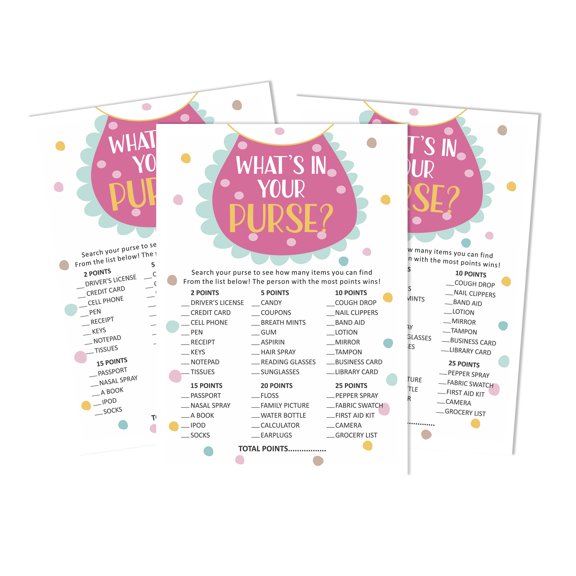 Inkdotpot 50What'sIn Your PurseBaby Shower GameCards Baby Bib Activity CardsPartyIdea Gender Neutral Baby Shower Party Supply