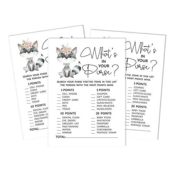 Inkdotpot 50What'sIn Your PurseBaby Shower GameCards Gender Neutral Activity CardsPartyIdea Floral Raccoon Baby Shower Party Supply
