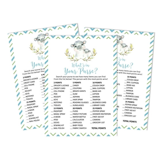 Inkdotpot 50What'sIn Your PurseBaby Shower GameCards Hippo Jungle Animals Activity CardsPartyIdea Baby Shower Party Supply