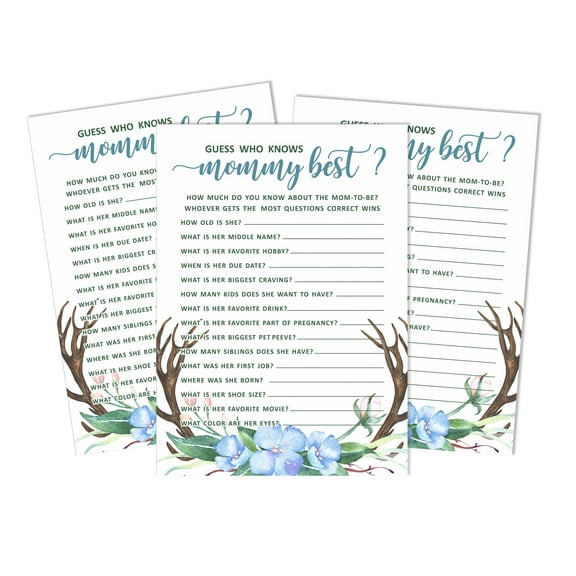 Inkdotpot Antler (Boy) 50-PackWho Knows Mommy BestBaby Shower GameCards Gender Neutral FunActivity Cards