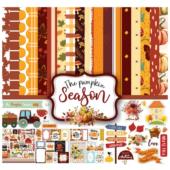 Inkdotpot Autumn Fall Theme Collection Double-Sided Scrapbook Paper Kit Cardstock 12"x12" Card Making Paper Pack With Sticker Sheet - 16 Pages - Orange