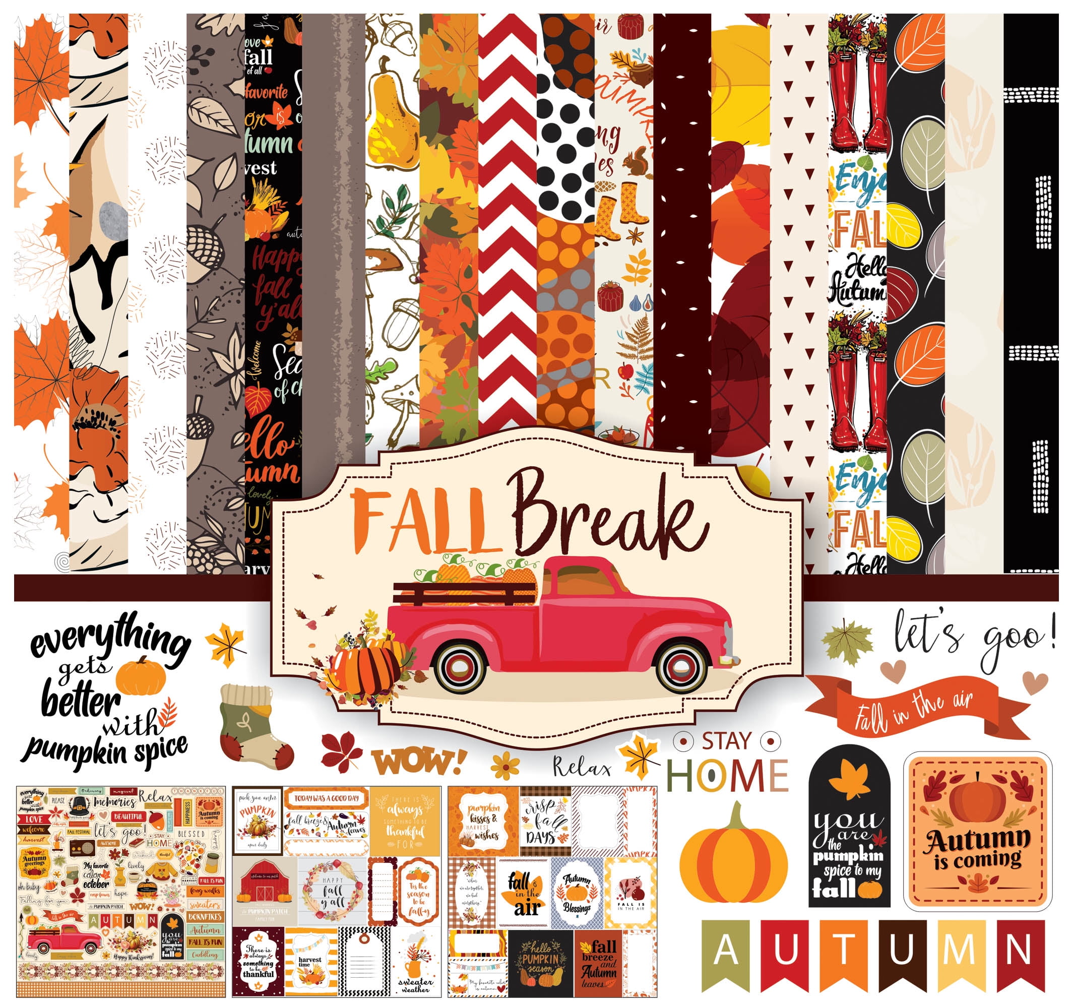 Inkdotpot Autums Fall break Collection Double-Sided Scrapbook Paper Kit Cardstock 12"x12" Card Making Paper Pack With Sticker Sheet - 16 Pages - Orange & Black