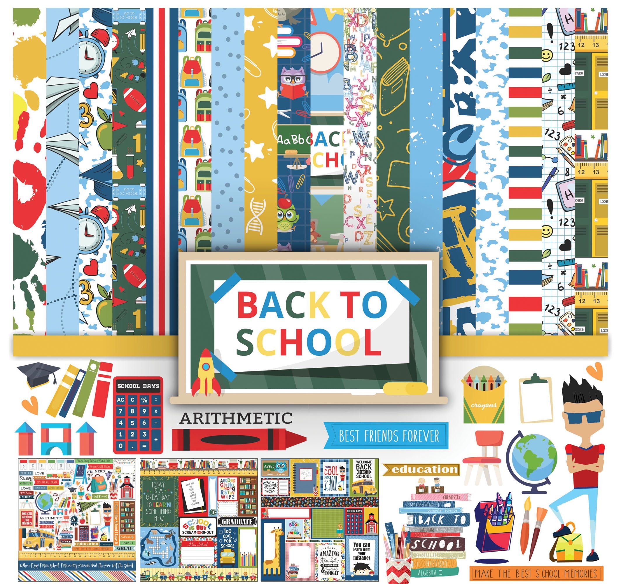 Inkdotpot Back To School Collection Double,Sided Scrapbook Paper Kit Cardstock 12"x12" Card Making Paper Pack Of With Sticker Sheet - 16 Pages - Multicolor