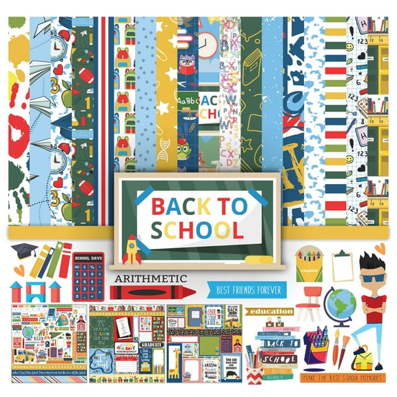 Inkdotpot Back To School Collection Double,Sided Scrapbook Paper Kit Cardstock 12"x12" Card Making Paper Pack Of With Sticker Sheet - 16 Pages - Multicolor