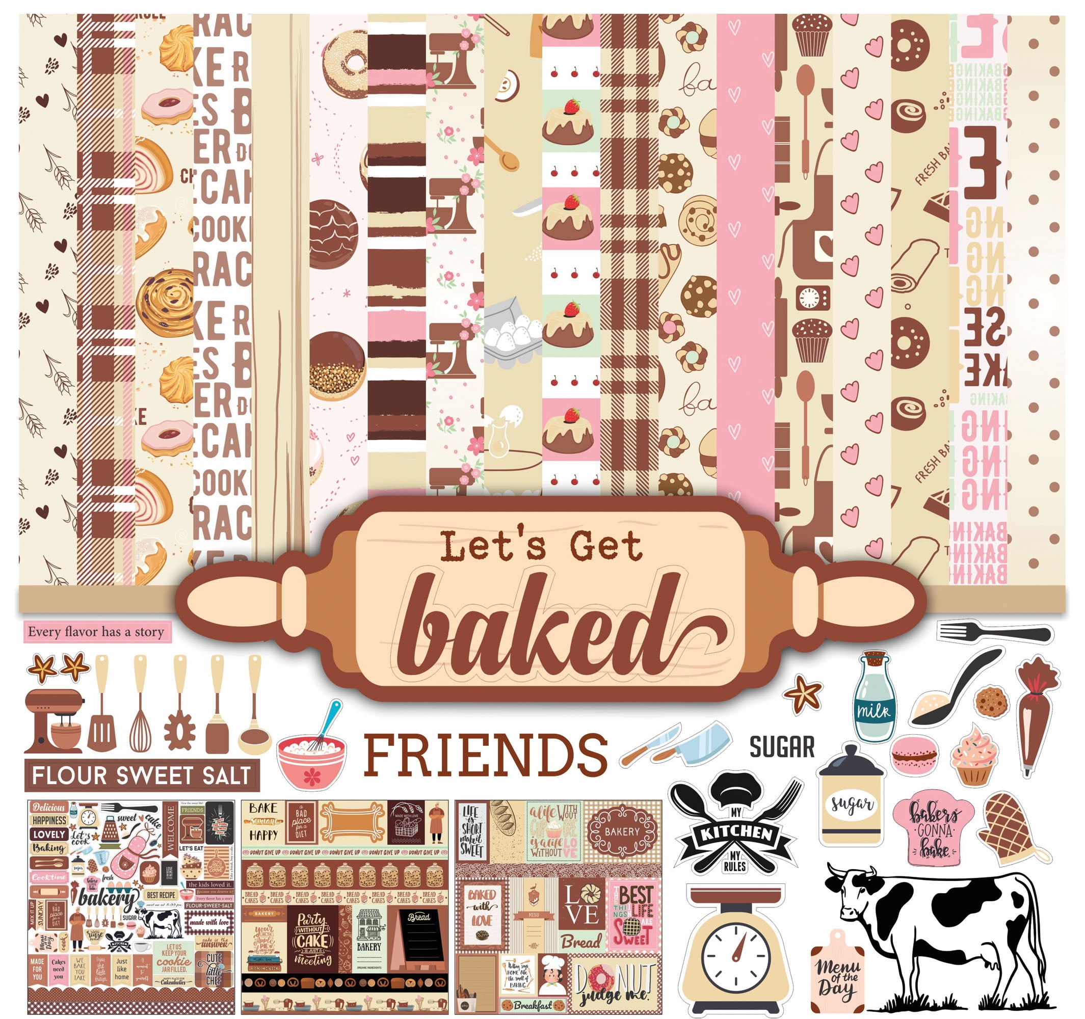 Inkdotpot Baking Theme Collection Double,Sided Scrapbook Paper Kit Cardstock 12"x12" Card Making Paper Pack Of With Sticker Sheet - 16 Pages - Multicolor