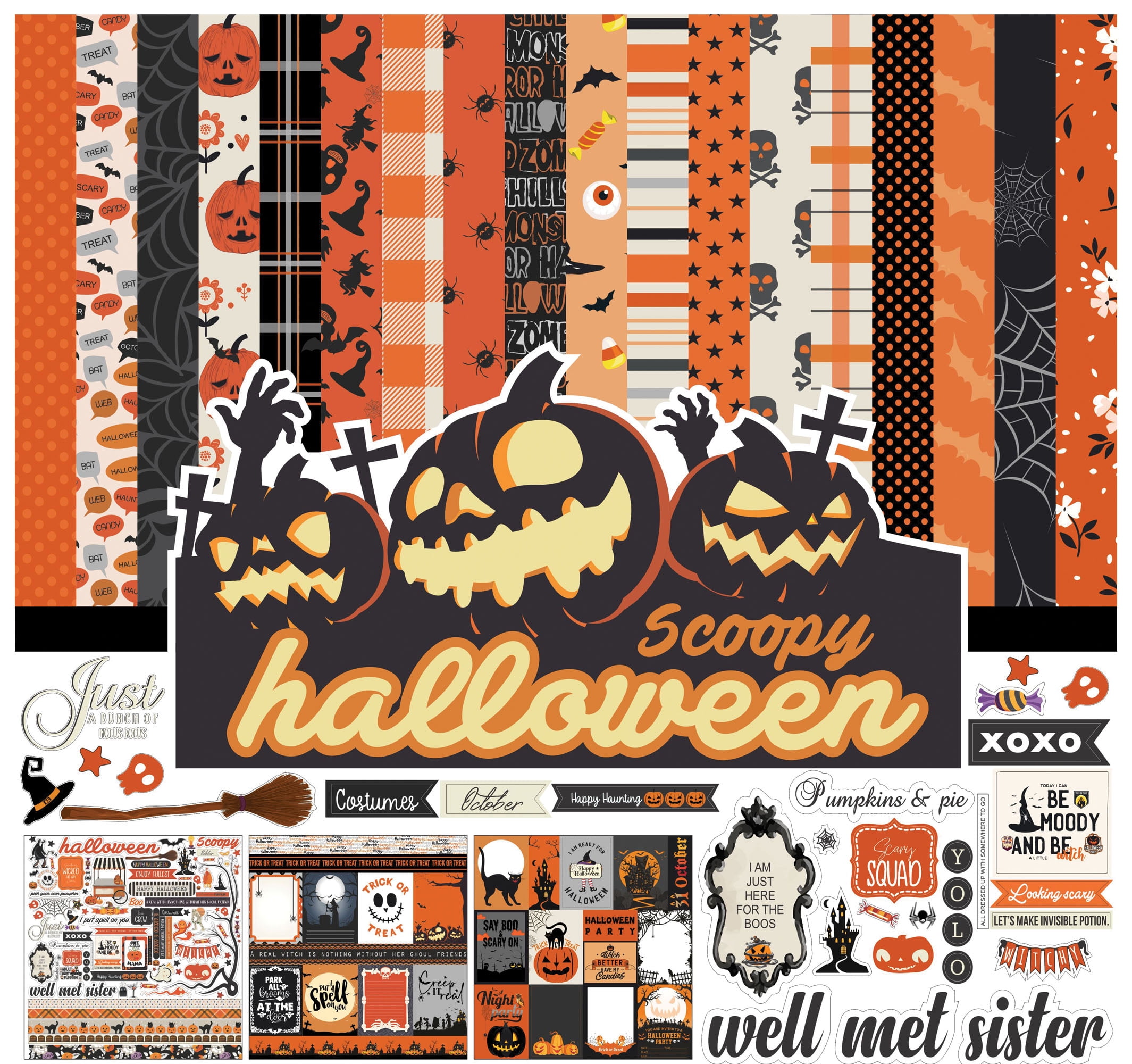 Inkdotpot Black Orange Halloween Theme Collection Double,Sided Scrapbook Paper Kit Cardstock 12"x12" Card Making Paper Pack Of With Sticker Sheet - 16 Pages - Orange & Black