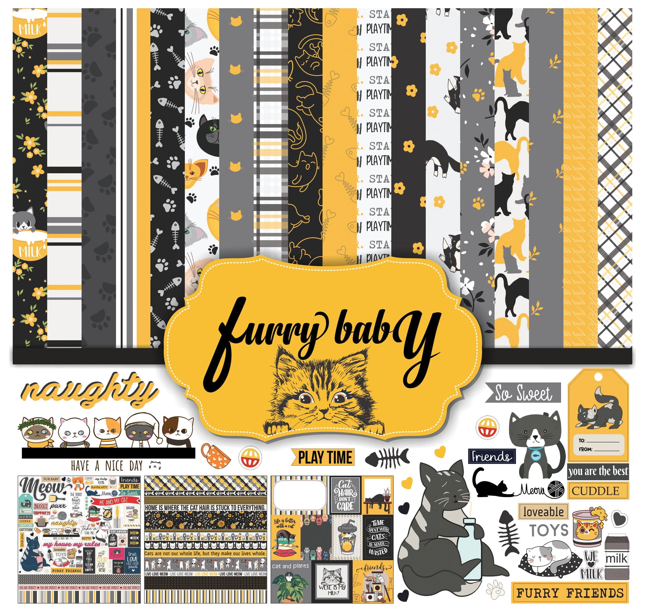 Inkdotpot Black & Yellow Cat Theme Collection Double,Sided Scrapbook Paper Kit Cardstock 12"x12" Card Making Paper Pack Of With Sticker Sheet - 16 Pages - Black & Yellow