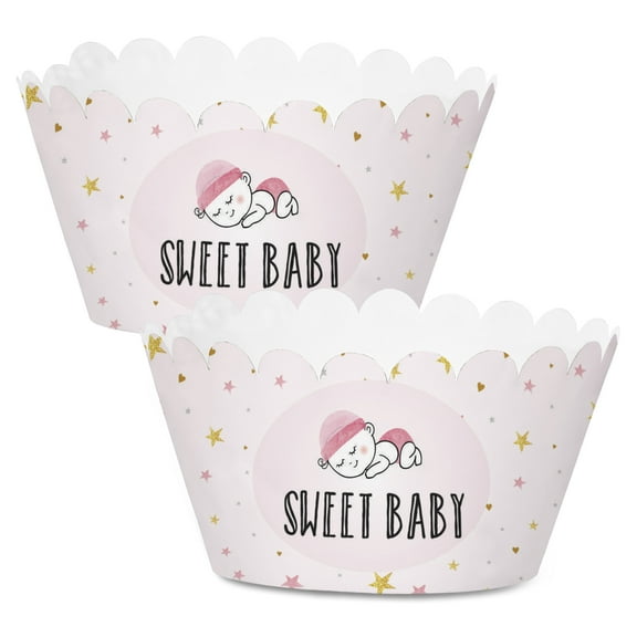 Inkdotpot Bottomless Cupcake Wrappers for Baby Shower, Pink Adjustable Cup Cake Liners Party Supplies, Boy Girl Baby Shower Decorations - Pack of 30