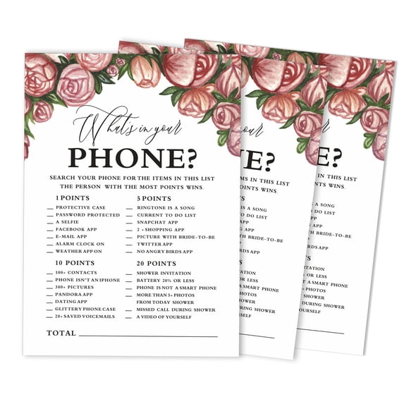 Inkdotpot Bridal ShowerGameWedding Shower Bachelorette Party Bulk ActivityGamecards 50-PackFloralWhats on Your Phone