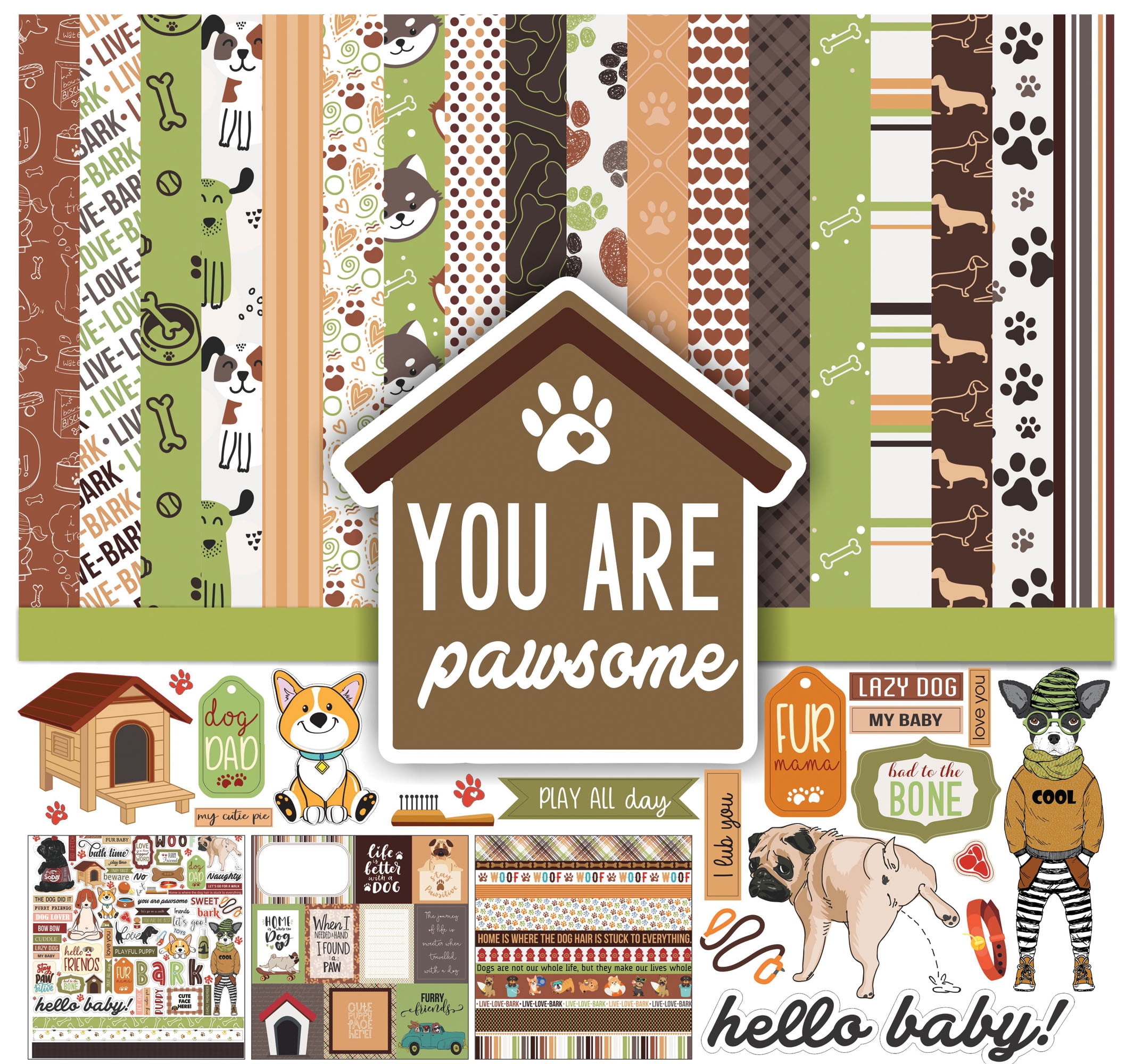 Inkdotpot Brown Green Dog Theme Collection Double,Sided Scrapbook Paper Kit Cardstock 12"x12" Card Making Paper Pack Of With Sticker Sheet - 16 Pages - Brown & Green