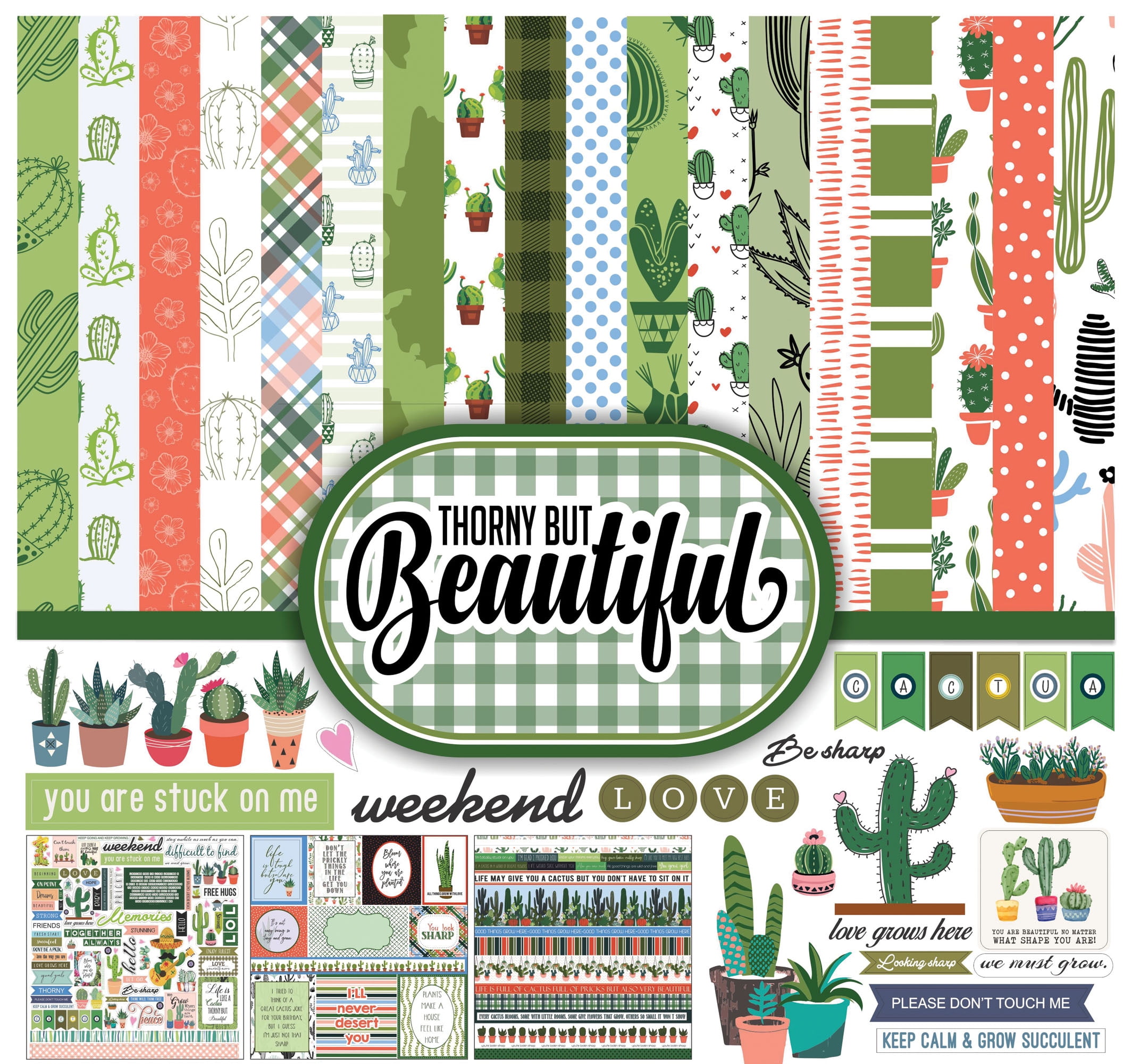 Inkdotpot Cactus House Plant Theme Collection Double,Sided Scrapbook Paper Kit Cardstock 12"x12" Card Making Paper Pack Of With Sticker Sheet - 16 Pages - Green
