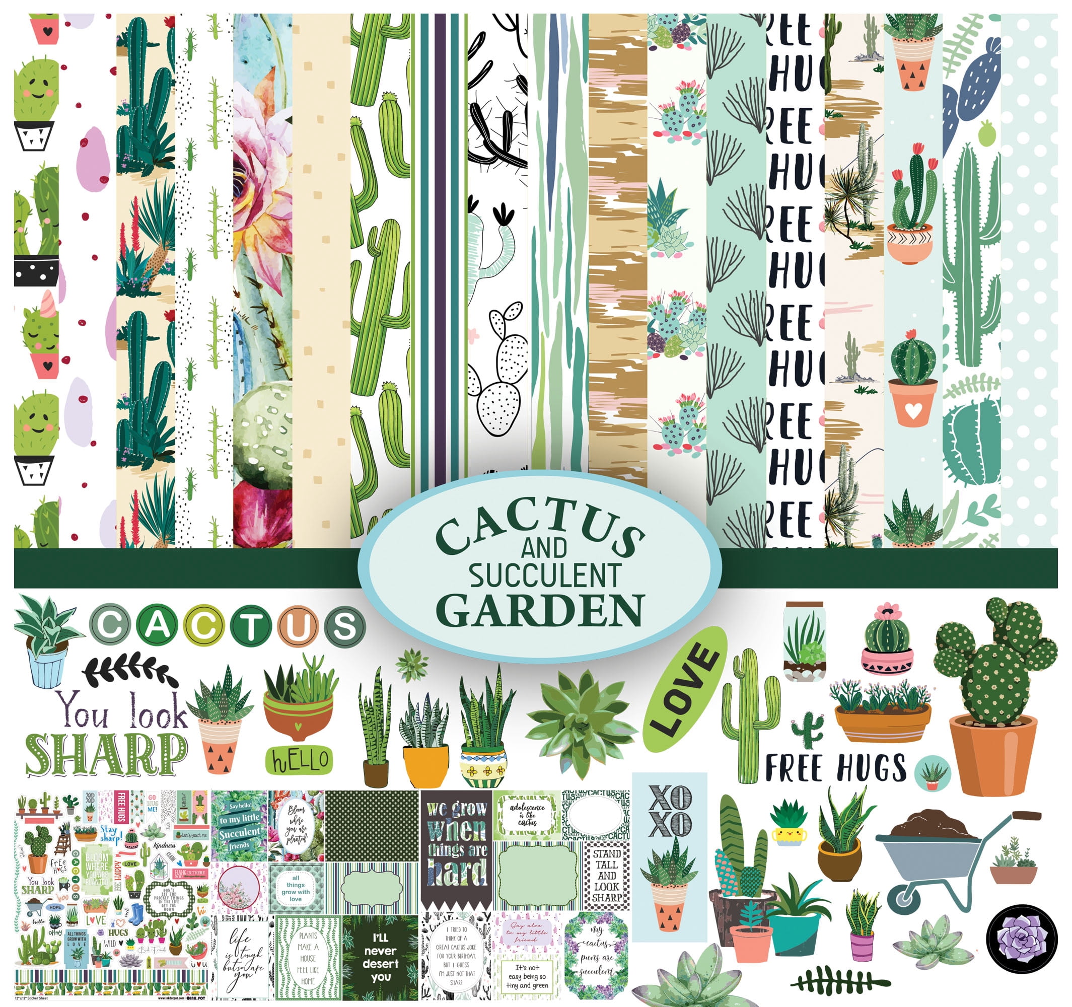 Inkdotpot Cactus and Succulent House Plants Theme Collection Double-Sided Scrapbook Paper Kit Cardstock 12"x12" Card Making Paper Pack With Sticker Sheet - 16 Pages - Multicolor