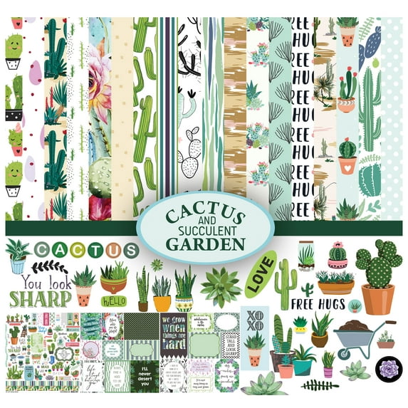 Inkdotpot Cactus and Succulent House Plants Theme Collection Double-Sided Scrapbook Paper Kit Cardstock 12"x12" Card Making Paper Pack With Sticker Sheet - 16 Pages - Multicolor