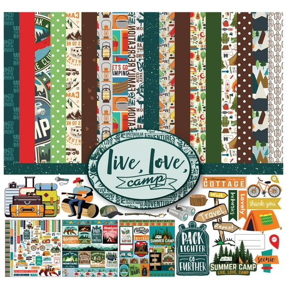 Inkdotpot Camping Theme Collection Double-Sided Scrapbook Paper Kit Cardstock 12"x12" Card Making Paper Pack With Sticker Sheet - 16 Pages - Green Brown Red