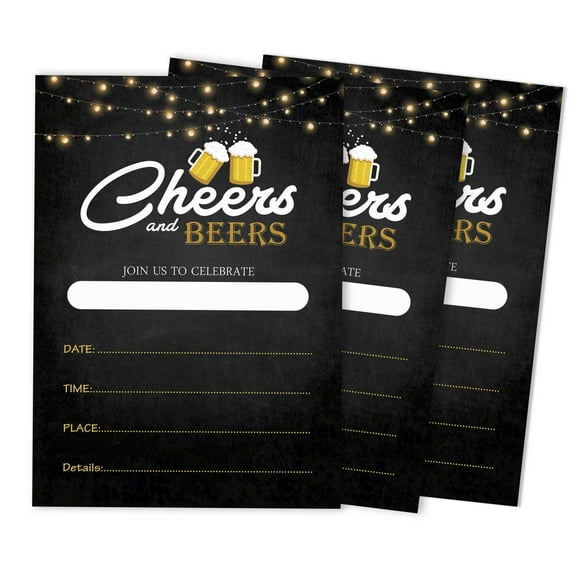 Inkdotpot Cheers and Beers Birthday Invitation, Adult Birthday Party Invites, 30 years, 40 years, 50 years, Pack Of 30 Fill In Invitations With Envelopes