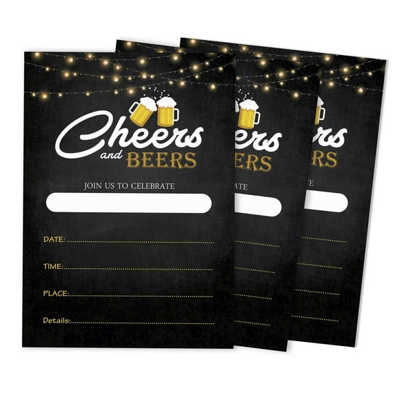 Inkdotpot Cheers and Beers Birthday Invitation, Adult Birthday Party Invites, 30 years, 40 years, 50 years, Pack Of 30 Fill In Invitations With Envelopes