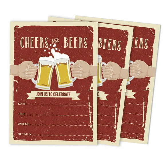 Inkdotpot Cheers and Beers Birthday Invitation, Adult Birthday Party Invites, 30 years, 40 years, 50 years, Pack Of 30 Fill In Invitations With Envelopes