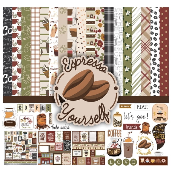 Inkdotpot Coffee Theme Card Stock with Sticker Sheet, Multicolor, 12in x 12in, 16 Sheets Pack