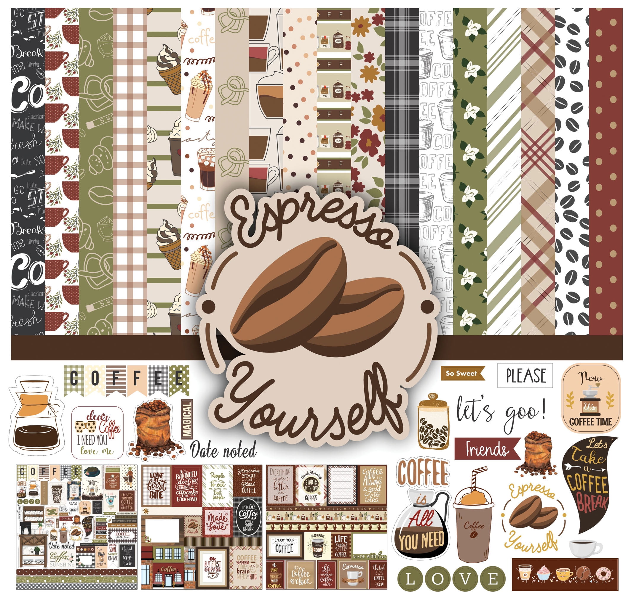 Inkdotpot Coffee Theme Card Stock with Sticker Sheet, Multicolor, 12in x 12in, 16 Sheets Pack