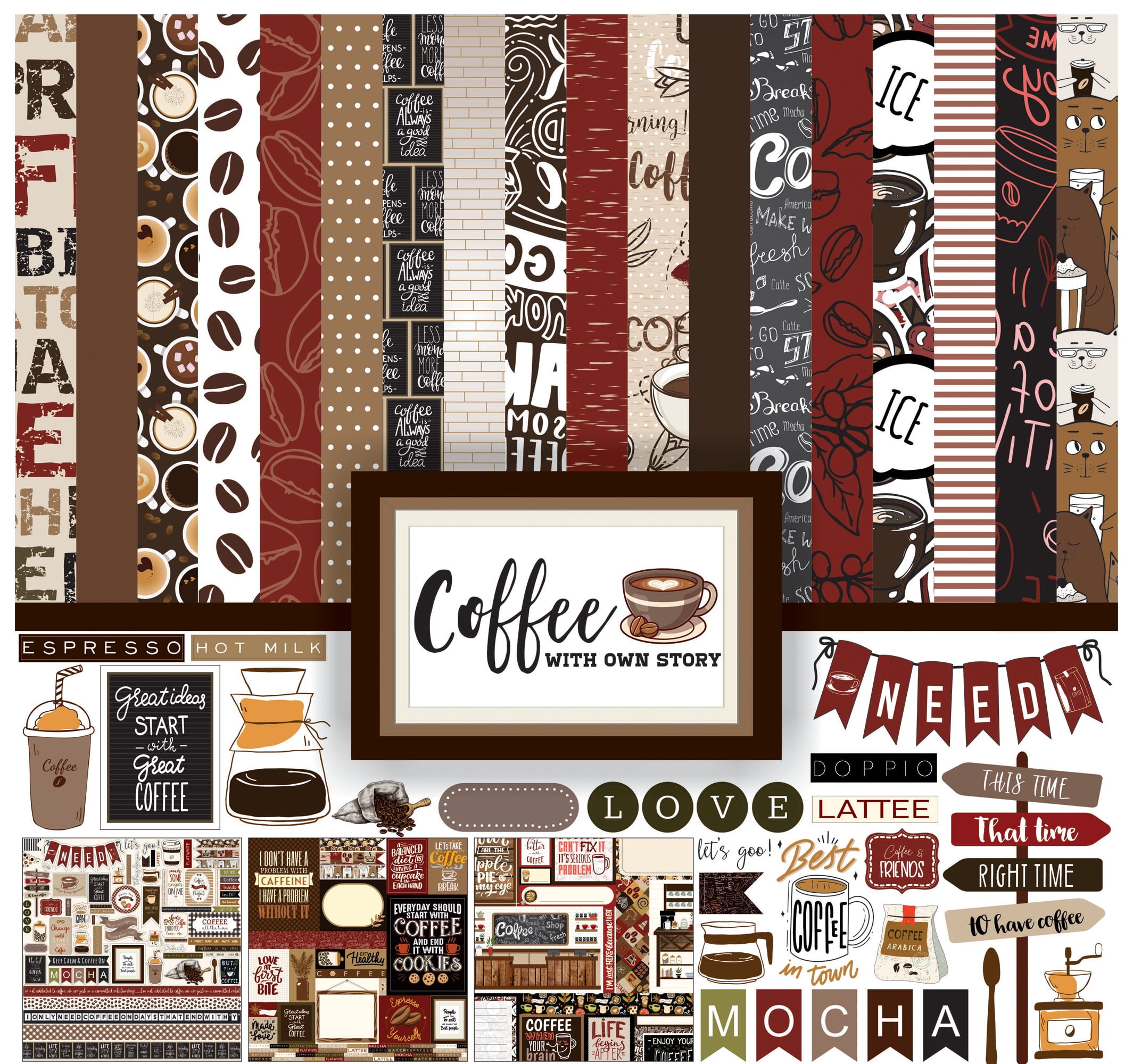 Inkdotpot Coffee Theme Collection Double-Sided Scrapbook Paper Kit Cardstock 12"x12" Card Making Paper Pack With Sticker Sheet - 16 Pages - Brown & Black