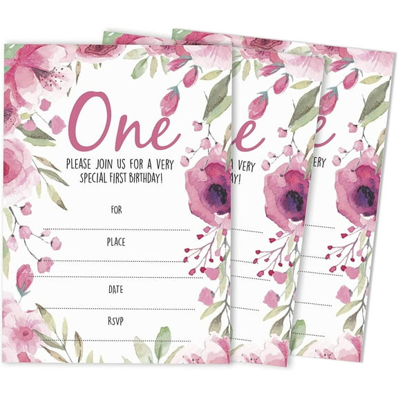 Inkdotpot Floral Girl First Birthday Invites, Fill-In Stlye Party Invitations With Envelopes Pack Of 30, 5x7 inches