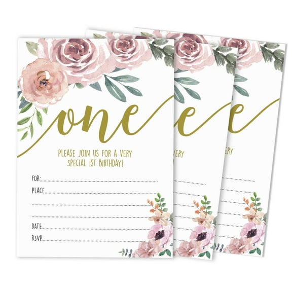 Inkdotpot Floral Girl First Birthday Invites, Fill-In Stlye Party Invitations With Envelopes Pack Of 30, 5x7 inches