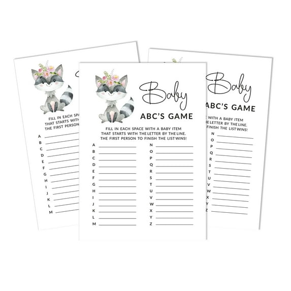 Inkdotpot Floral Raccoon Baby Shower Game Set Of 50 BabyAlphabetABCGame Gender Neutral Party Supplies