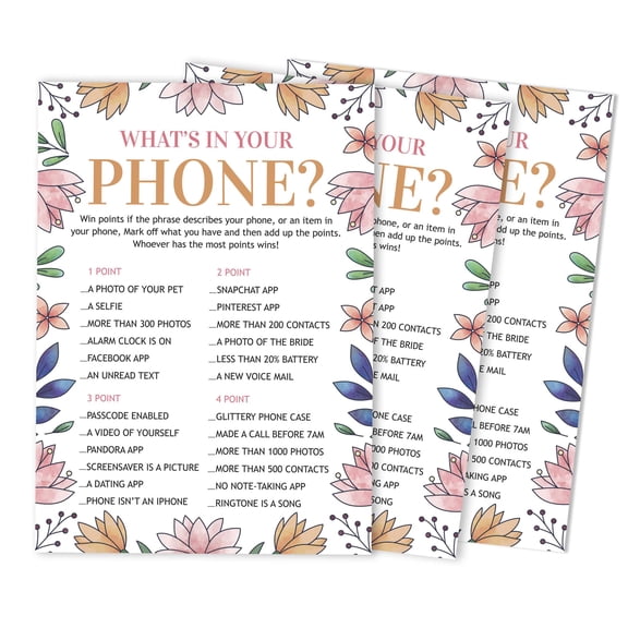 Inkdotpot FloralWhats On Your Phone Bridal ShowerGameWedding Shower Bachelorette Party Bulk ActivityGameCards 50-Pack