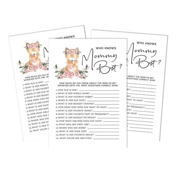 Inkdotpot Fox Animal 50-PackWho Knows Mommy BestBaby Shower GameCards Gender Neutral FunActivity Cards